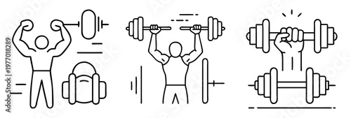 Line art illustrations showcasing weightlifting and muscular development exercises