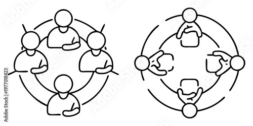 Stick figure team meetings representing collaboration, communication and leadership