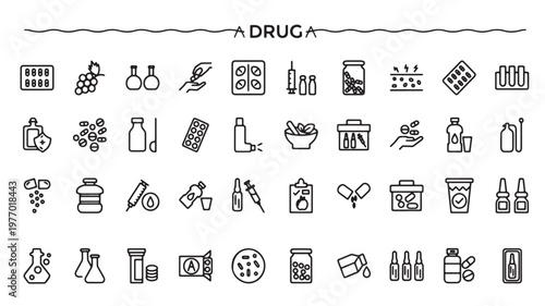Medicine Icons Set for Pharmacy, Healthcare, Prescription Drugs and Medical Treatment