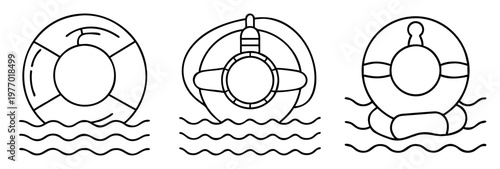 Three life buoys float on the waves in a simple line drawing
