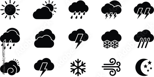 Collection of black weather icons on white background