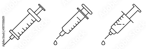 Line art illustration featuring three syringes with different liquid levels dripping