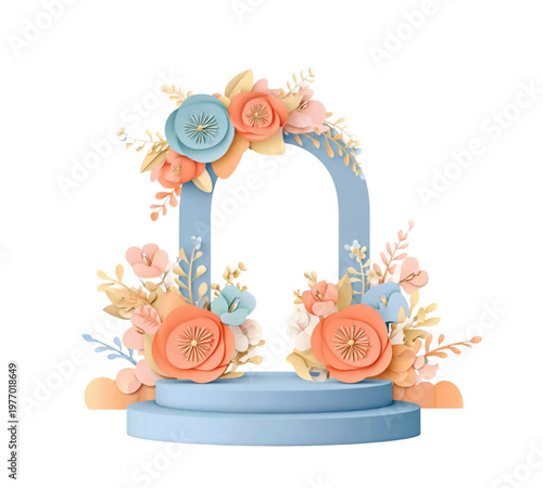 Pastel floral arch podium for wedding backdrop design and event branding display