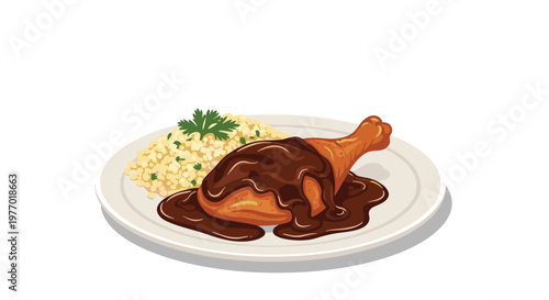 Prepared chicken drumstick covered in rich dark mole sauce and served with a side of white rice and parsley garnish on a simple plate.