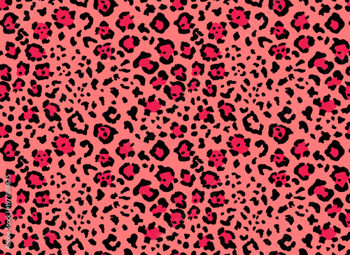 Seamless leopard fur pattern. Fashionable wild leopard print background. Modern panther animal fabric textile print design. Stylish vector light pink coral red black  illustration