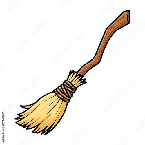 A classic wooden broom with straw bristles standing upright against a plain background