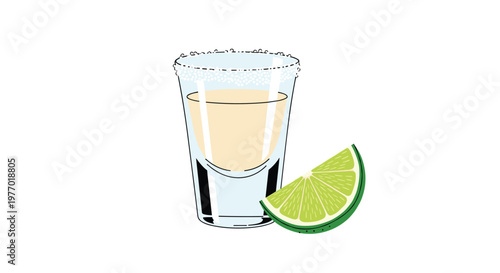 Single shot glass of tequila with a salt rimmed edge and a fresh green lime wedge for a classic alcoholic beverage presentation.