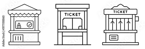 Set of simple outlined ticket booth stands with variations and text