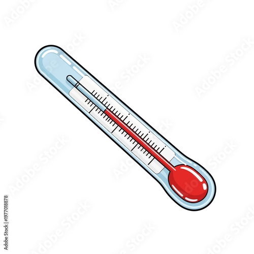 Colorful illustration of a mercury thermometer showing a high temperature reading.