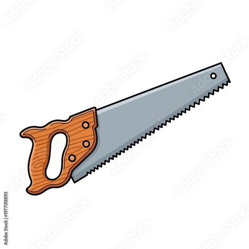 A wooden handled saw with a serrated metal blade ready for cutting tasks