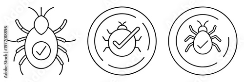 Software Bug Icons with Check Marks in Black and White Outlines