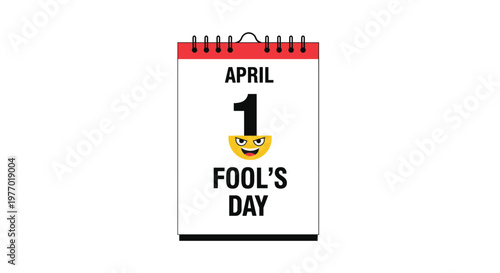 Tear off calendar page showing the date of april first for fools day with a humorous yellow emoji face in place of the number.