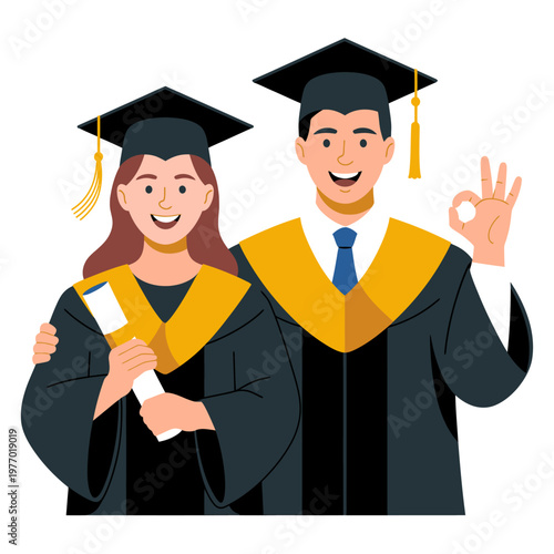 Two graduates in caps and gowns stand proudly. One holds a diploma, and the other makes an OK gesture.