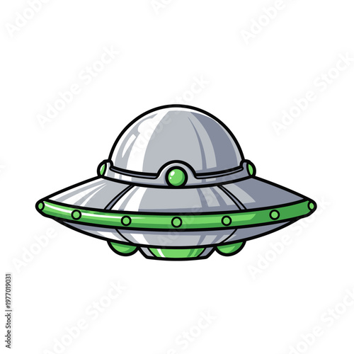A stylized cartoon depiction of a green and grey flying saucer with a circular window