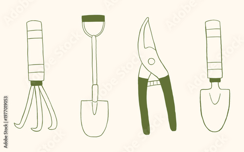 Vector set of gardening tool in hand drawn outline sketch monochrome style for garden and cute gardening. Rake, shovel, pruner and trowel collection for small farm and organic agriculture.