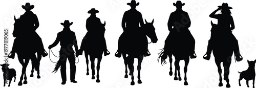 Black silhouettes of cowboys on horses with dog and lamb