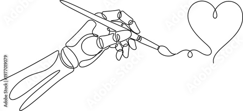 One Line Art of Robot Hand Painting Human Heart - Ethical AI and Machine Learning Creativity Concept