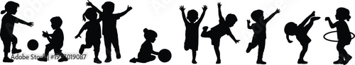 Black silhouettes of children playing and dancing  kids