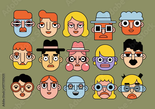 Minimalist collection of women's fashion accessories including handbags, high heels, loafers, and purses in retro geometric style and warm earth tones.