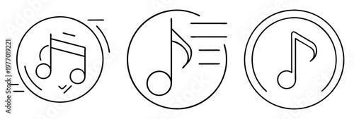 Three round icons depicting musical notes with various rhythmic values and styles