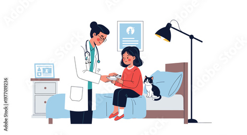 Female doctor in a white coat examining a small white dog held by a young girl sitting on her bed in a cozy bedroom setting.