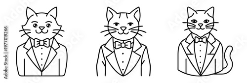 Three dapper cats in suits and bowties presented in clean outlines