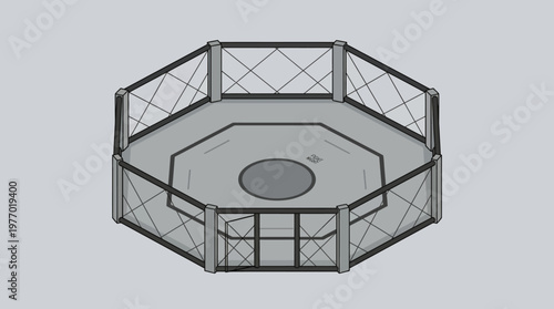 Octagonal elevated metal platform with protective railing.