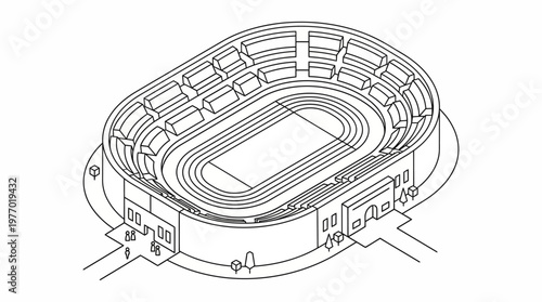Architectural line drawing of oval sports stadium top view with seating tiers and access points.