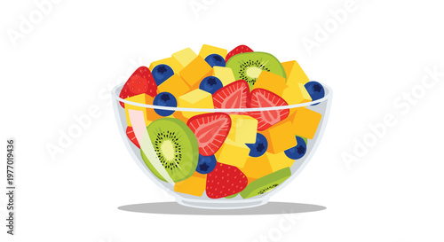 Clear glass bowl filled with a healthy and colorful fruit salad containing chunks of mango and kiwi and strawberry and blueberry.