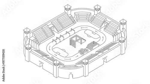 Isometric architectural line drawing of a sports stadium structure.