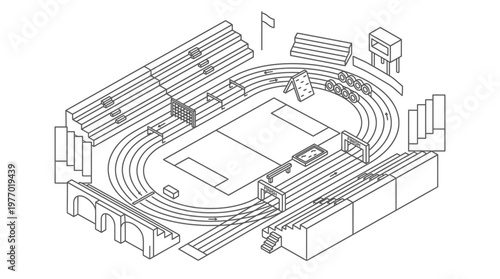 Isometric line drawing of a sports stadium layout with track and seating.