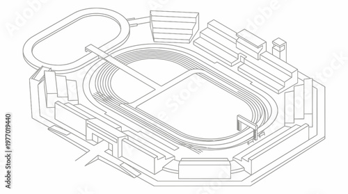 Isometric technical illustration of an oval stadium with running track and spectator stands.
