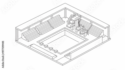 Isometric architectural drawing of a rectangular spa interior with central pool.