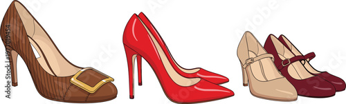 Women Fashion Shoes Collection Vector Illustration with Brown Buckle Heels, Red Stiletto Pumps, and Classic Mary Jane Footwear for Stylish Outfit Design