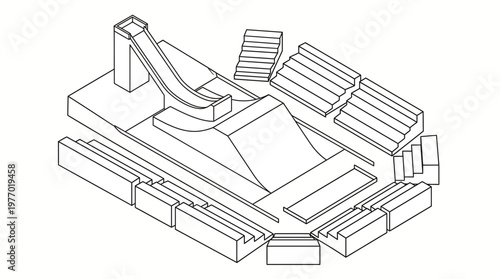 Isometric line drawing of urban skatepark ramp and obstacles.