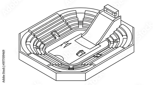 Line drawing of an octagonal diving pool stadium with spectator seating and central platform.