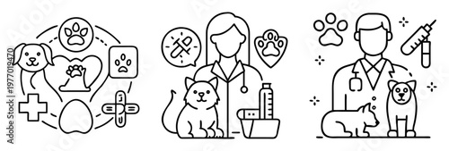 Veterinary care and pet health services, veterinarian, pets icons, outline style