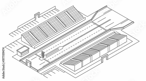Isometric architectural line drawing of modern railway station complex.