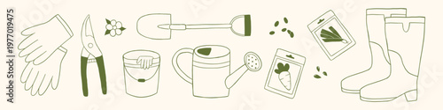 Vector horizontal set of cute gardening element for gardening in hand drawn outline sketch monochrome style. Gloves, pruner, bucket, watering can, seed packet, boots for farm and modern agriculture.