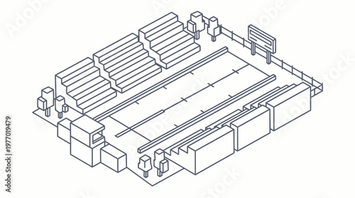 Isometric line drawing of an empty competitive swimming pool.