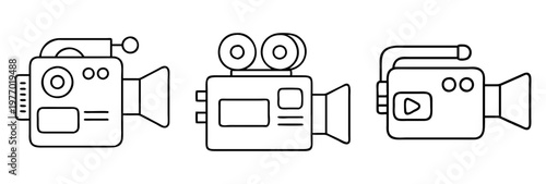 Illustration of three different antique movie cameras with a retro aesthetic