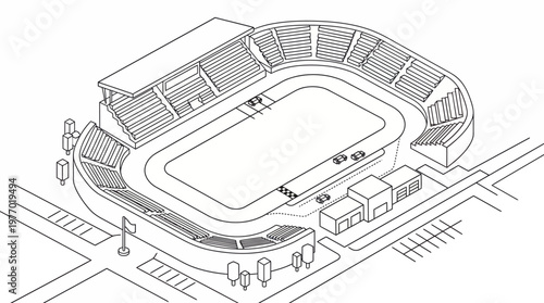 Isometric architectural line drawing of empty sports stadium.