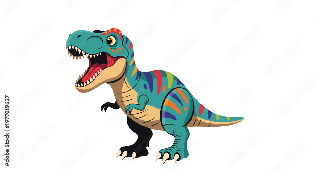 Fototapeta premium Vibrant cartoon illustration of a tyrannosaurus rex dinosaur with colorful stripes and its mouth wide open in a playful roar.