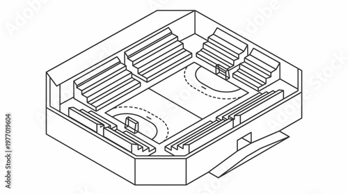 Isometric line drawing of an indoor basketball arena with tiered seating.
