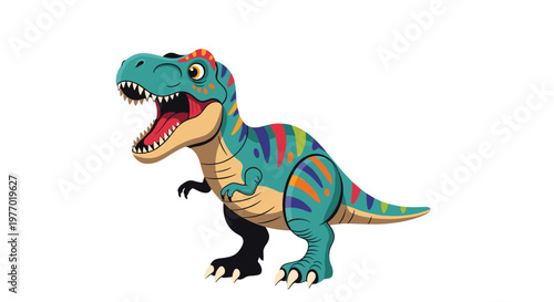 Vibrant cartoon illustration of a tyrannosaurus rex dinosaur with colorful stripes and its mouth wide open in a playful roar.