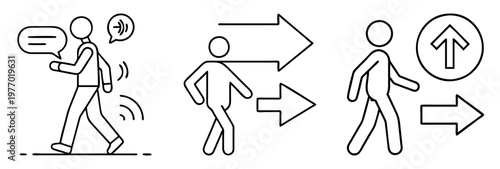 Various directions and methods of communication depicted through stick figures and arrows