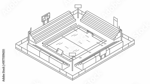 Isometric line drawing of an empty boxing ring arena.