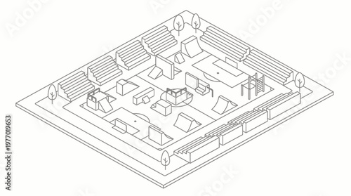 Isometric blueprint of a small residential village layout.