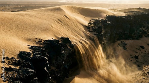 Wallpaper Mural Majestic sand waterfall cascading down dark rocky cliffs in desert landscape, golden hour nature photography
 Torontodigital.ca