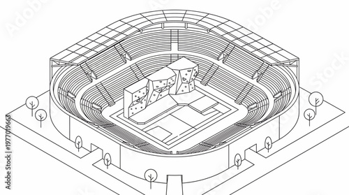 Isometric line drawing of a modern stadium with central tennis court and tiers.